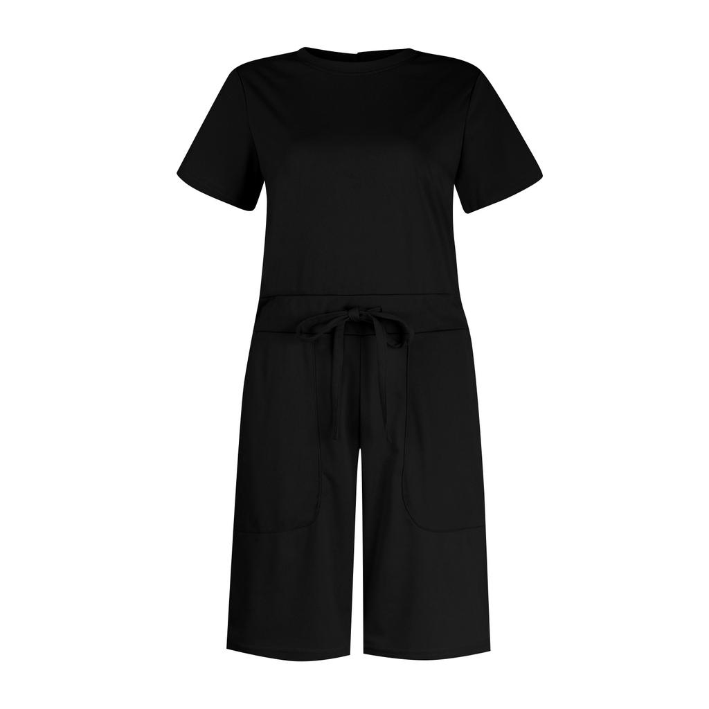 Women's Summer Crewneck Casual Loose Short Sleeve Rompers Jumpsuit Outfits With Pockets