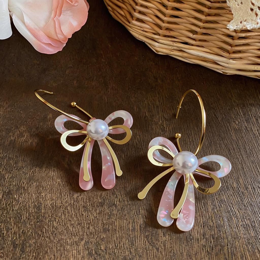 Silver Needle Vacation Style Acetate Board Pearl Bow Earrings, Sweet Versatile Niche Premium Personality Earrings