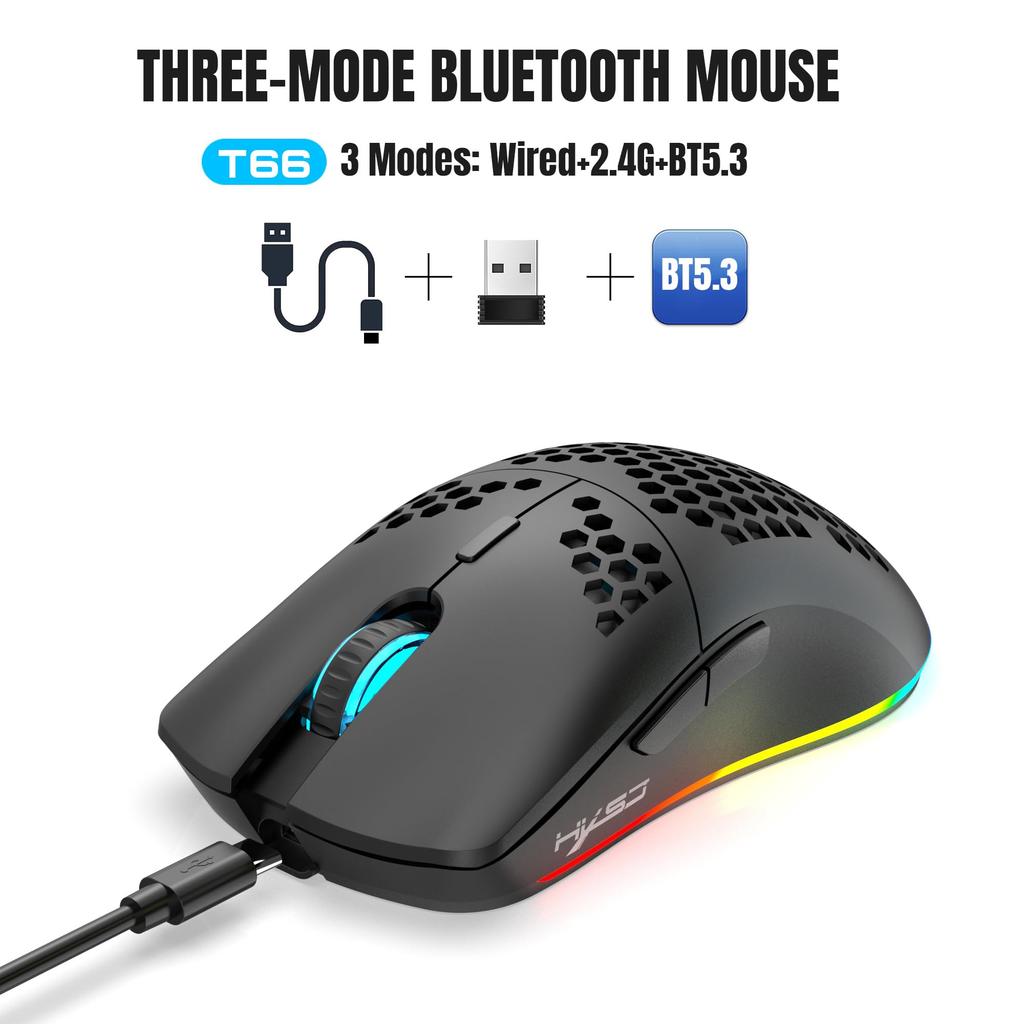 ZIYOU LANG T66 Беспроводная игровая мышь 1000 Гц Reporter RGB DPI Черная, Частота опроса, 2,4G/Bluetooth 5.3/USB-C, Подсветка, 5-уровневая регулировка, 90 г,