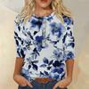 Women's Fashion Casual 3/4 Sleeve Floral Button Printed Round Neck Pullover Top Casual Clothing