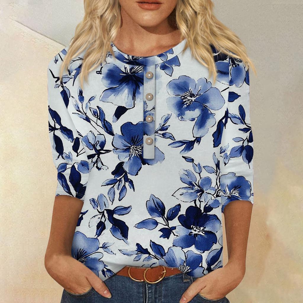 Women's Fashion Casual 3/4 Sleeve Floral Button Printed Round Neck Pullover Top Casual Clothing