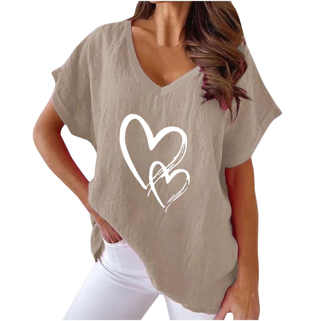 2023 Лето Европейская Американская Горячая Пара Любовь Принт V-образный вырез Хлопок Льняная Футболка Летучая Мышь Женская