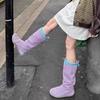 Fashion Women Design Purple Pleated Long Boots Women Autumn Winter New Non-slip Warm Snow Boot Slip On Thick Heels Knee Knight Botas
