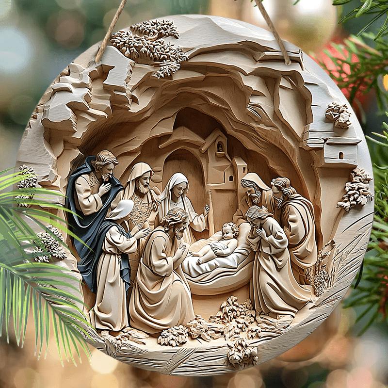 5 шт. Деревянная вывеска с изображением рождественской сцены - 2D плоская круглая 7,87 дюйма Рождественский настенный декор, универсальное праздничное подвесное украшение для дома, сада и праздничной вечеринки