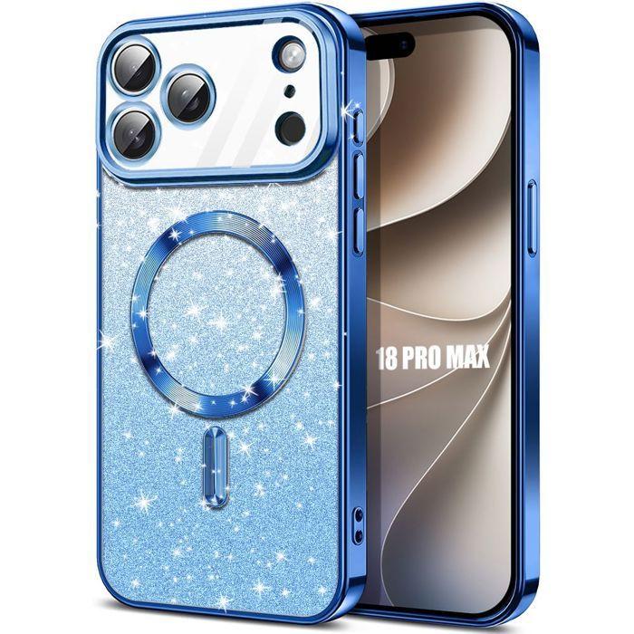 Coque pour iPhone 18 Pro Max, Silicone Souple avec Cercle Magnétique - Bleu Scintillant