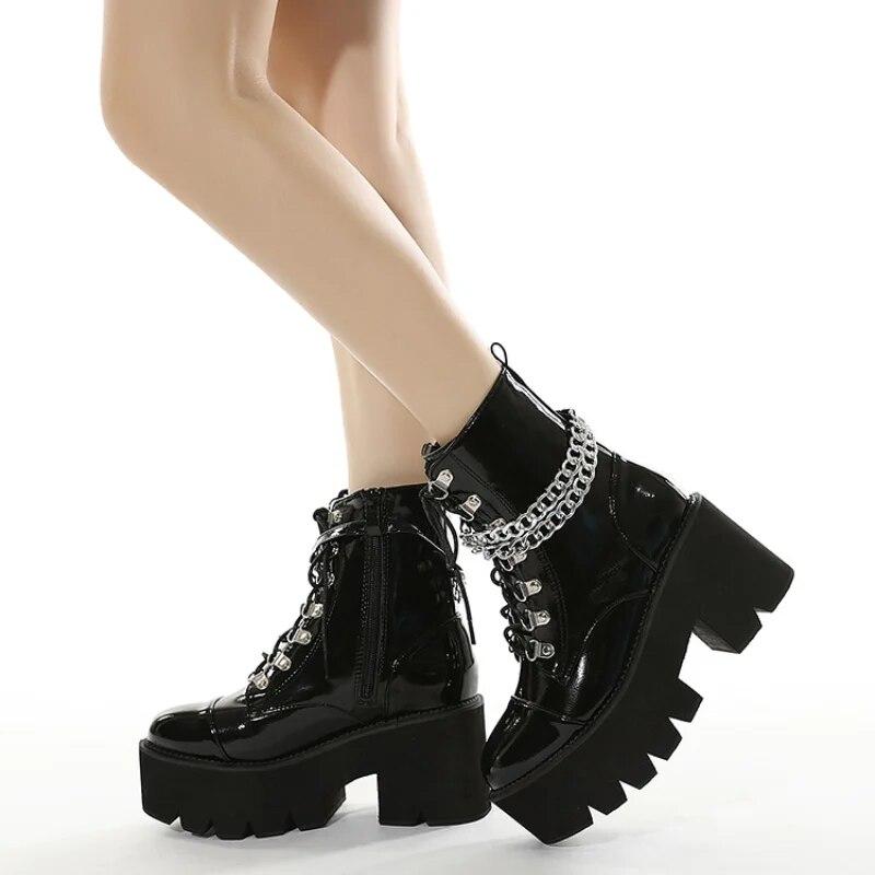 2024 женская обувь на каблуке 8 см, водонепроницаемая женская обувь на платформе с толстой подошвой и цепочкой, короткие сапоги на толстом высоком каблуке Lhx