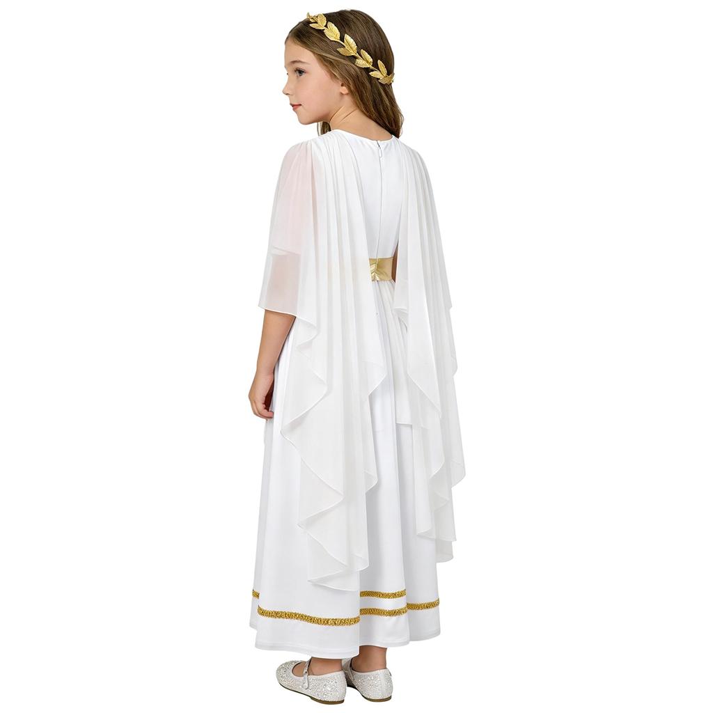 Girls Halloween Ancient Greek Costume Sleeveless Shawl Patchwork Flowy Tulle Dress Head Wreath Headwear