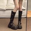 Leather Platform Boots Women's Knee Boots Autumn and Winter New Belt Buckle Small Tall Knight Boots