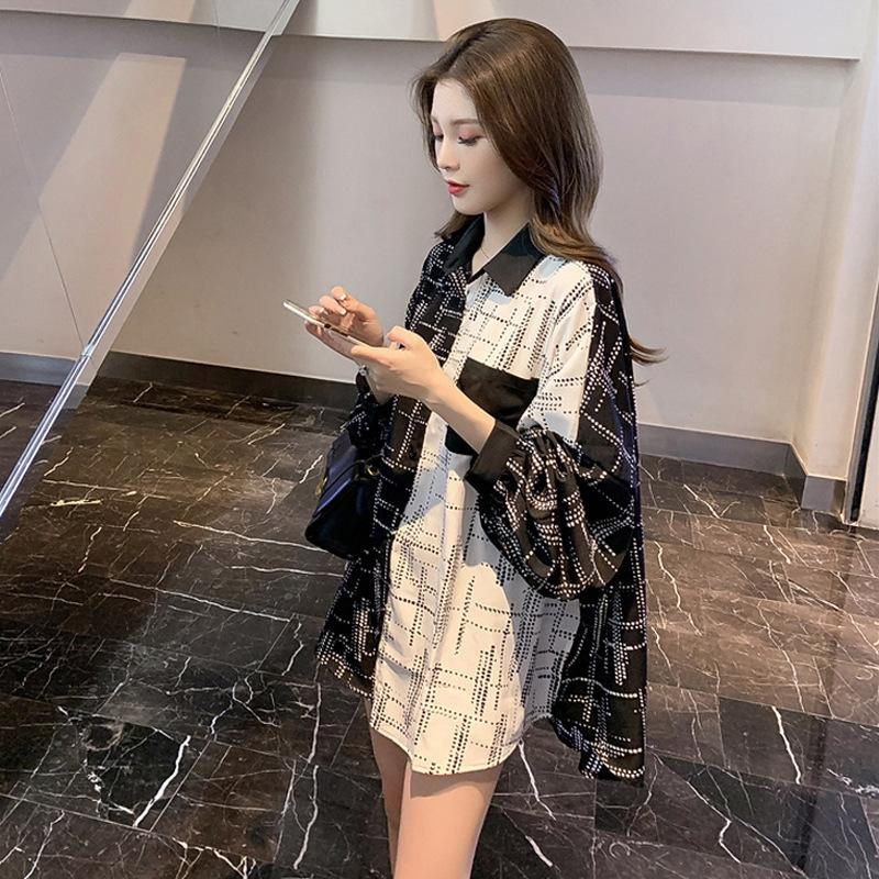 HOUZHOU Лоскутная рубашка женская с длинным рукавом однобортная плюс размер повседневная корейский стиль шик