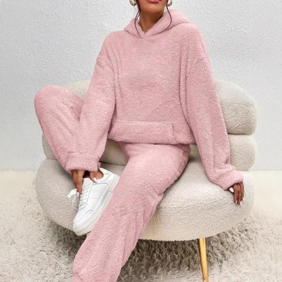 Women's Fuzzy Fleece Pajamas Set Winter Plush Pullover Hoodies And Pants Lounge