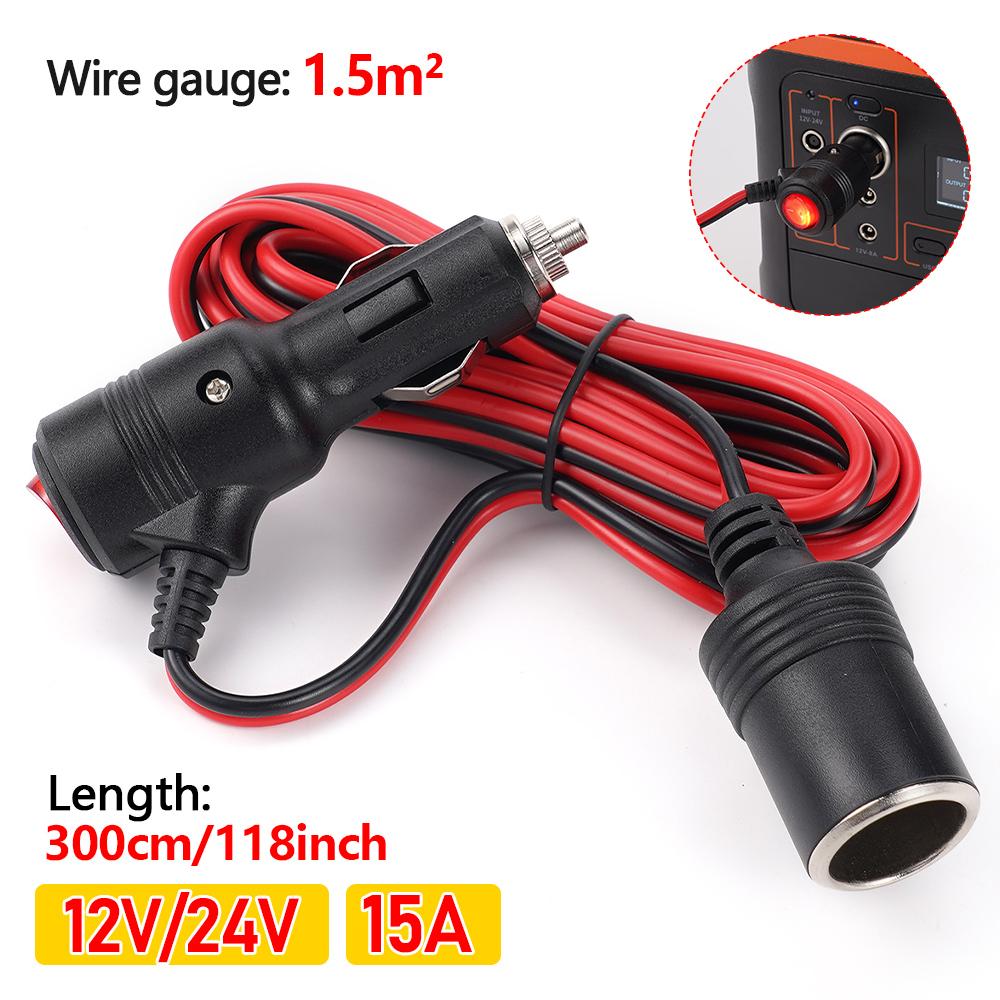 3M 15A Car Cigarette Lighter Extension Cable 12V/24V LED Indicator Cable Car Charger Cigar Lighter Socket Jack Multi Socket