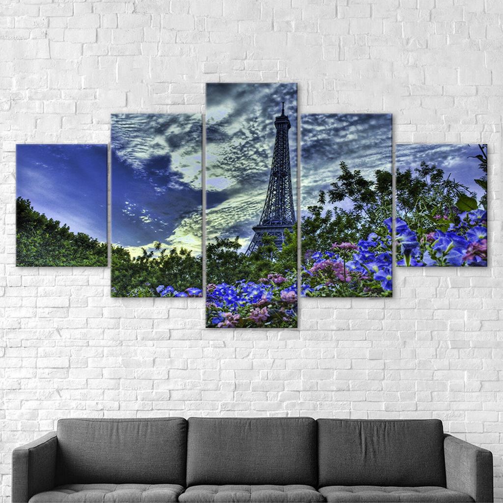 Paris Eiffel Tower Pink Flower Scenery 5 Piece Five Panel Wall Canvas Print Modern Art Poster Picture Home Decor Gift For Him For Her