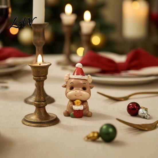 Cute Calf And Elephant Ornaments Resin Cow/Elephant Figurines with Santa Hats, Christmas Animal Ornaments, Small Statues for Windowsills Desktop
