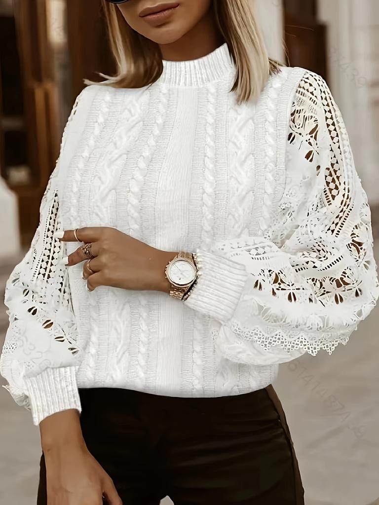 Элегантный женский свитер с кружевной отделкой - воротник-стойка, геометрический узор, осенне-зимний стильСвитер-топ