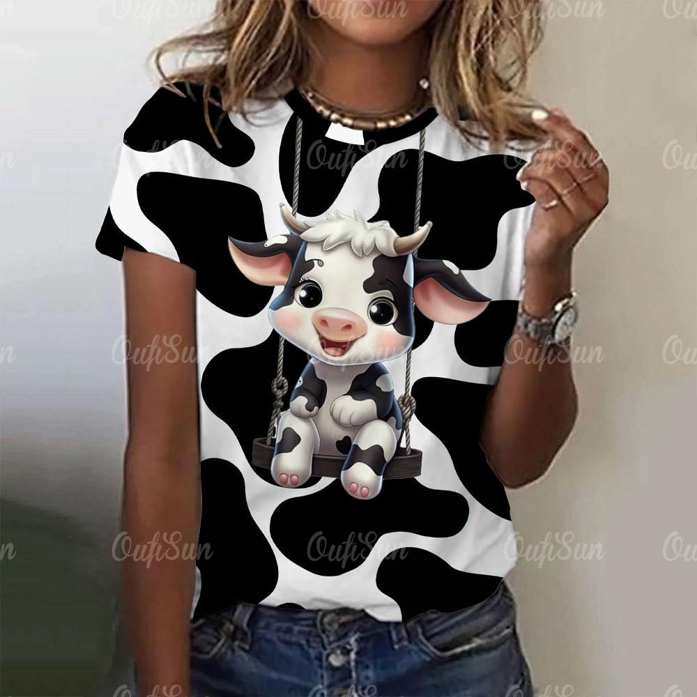 Fashion Women's T-shirts 3D Black And White Dairy Cow Print Cute Animal Short Sleeves Tees Tops Summer New Trend Female Clothing