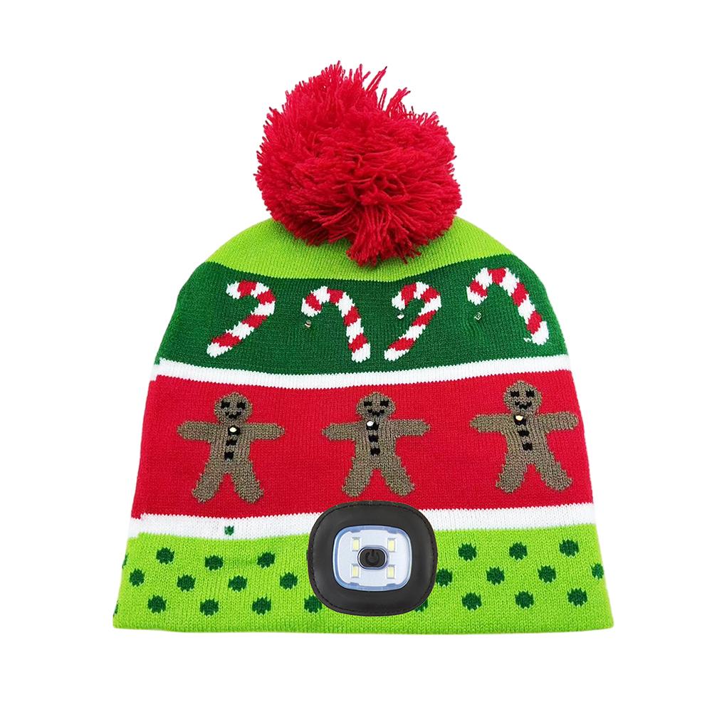 Christmas LED Knit Beanie Hat with Festive Candy Gingerbread Pattern for Winter Night Walk OEM Factory USB LED Knit Beanie Hat