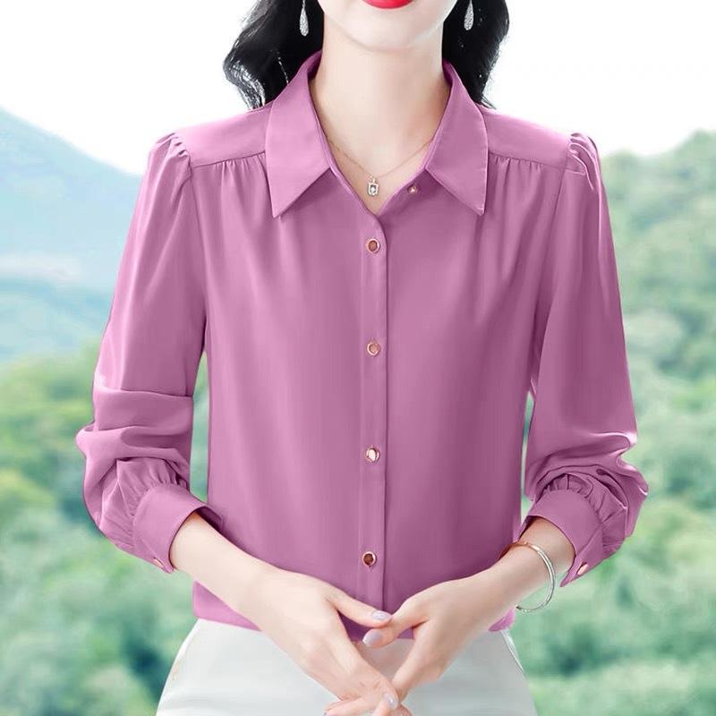 Women's Long Sleeve Shirt Spring and Autumn Shirt Elegant Solid Color Loose Base Shirt
