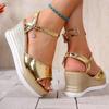 Модные золотые босоножки-клинья с открытым носком для женщин 2025 летняя мода ремешок с пряжкой высокий каблук сандалии женские туфли на платформе женская обувь
