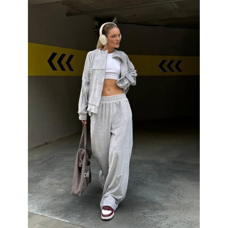 Womens Casual Velvet 2-Piece Set Long Sleeve Zip-Up Top Elastic Waist Wide Leg Pants