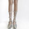 Ballet-Style White Lace Trim Bow-Knot Mid-Calf Nylon Pile-Up Socks Sparkly Sweet Style Summer Thin