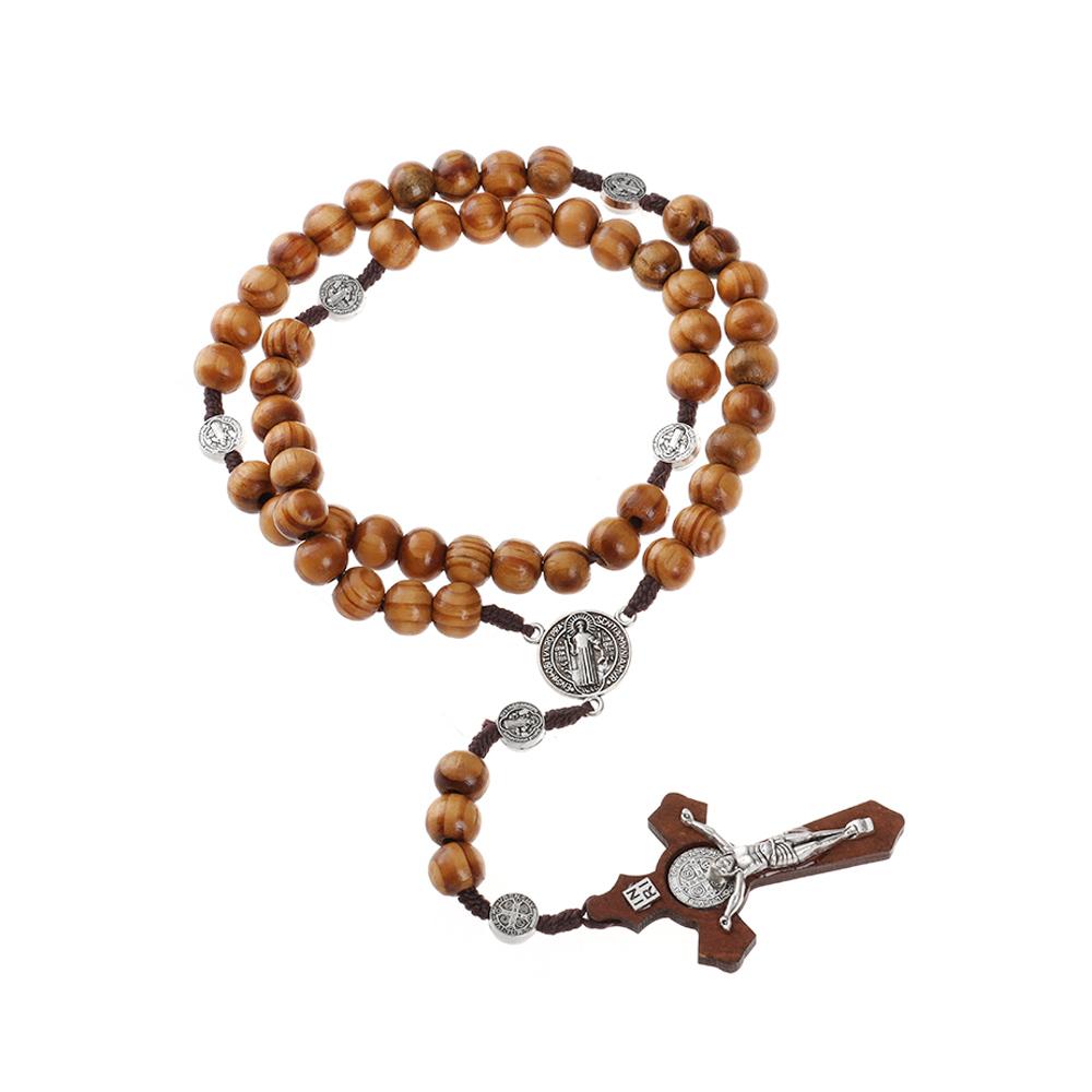 Подарки Католическая молитвенная цепочка Деревянные бусины Ожерелье Ожерелье с крестом Ожерелье-розарий Подвеска-крест