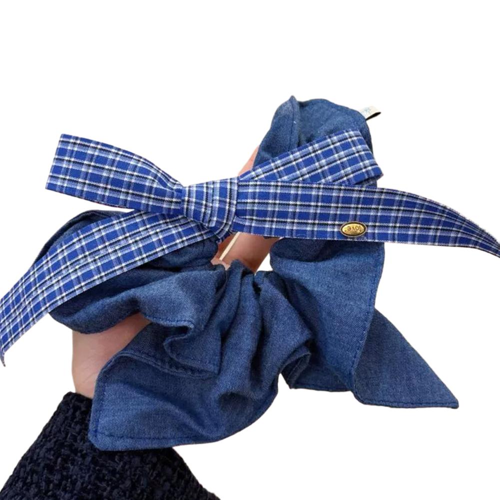 Korean Bow Denim Blue Plaid Square Scarf Large Intestine Headband Hair Square Female Band Hair H0K6