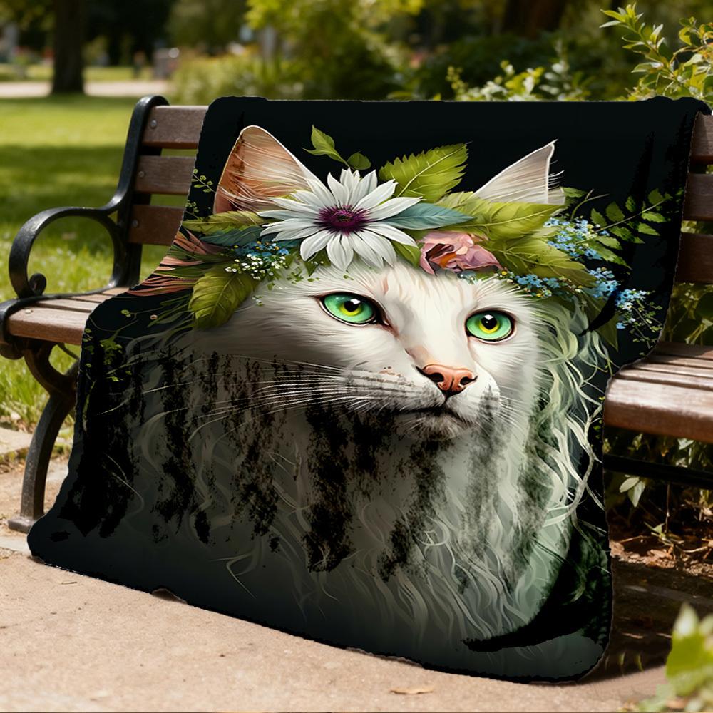1pc Feline, Floral Outdoor Blanket - Soft Flannel Cozy for Travel & Camping - All-Season Warm Bed Cover, Machine Washable yy251229107