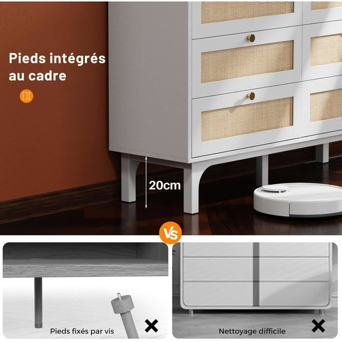 Commode en rotin à 6 tiroirs, Meuble Rangement, Commode Chambre avec tiroirs, 120 x 40 x 85 cm Blanc