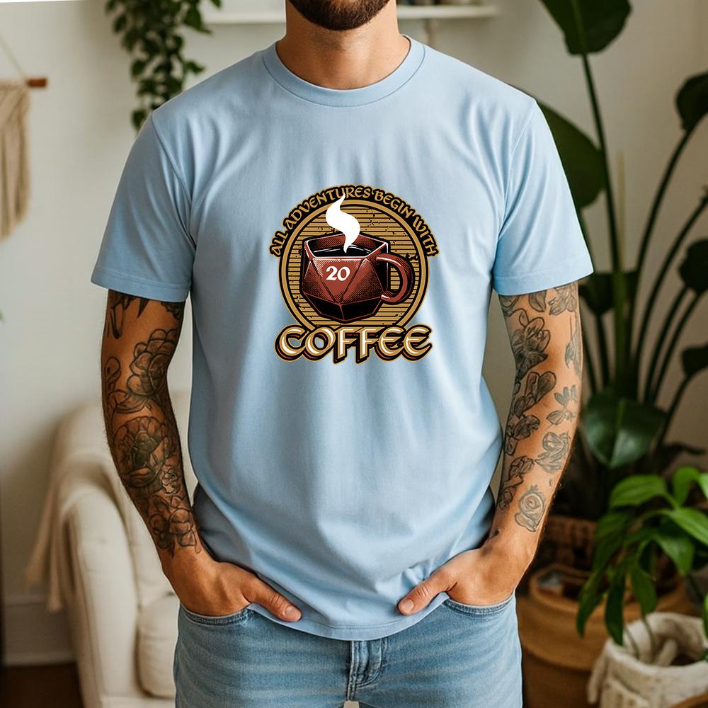 2026 New Summer Unisexs Casual Cotton Tee Soft Short Sleeve With Coffee Mug Graphic Vintage Adventure Style Daily Wear