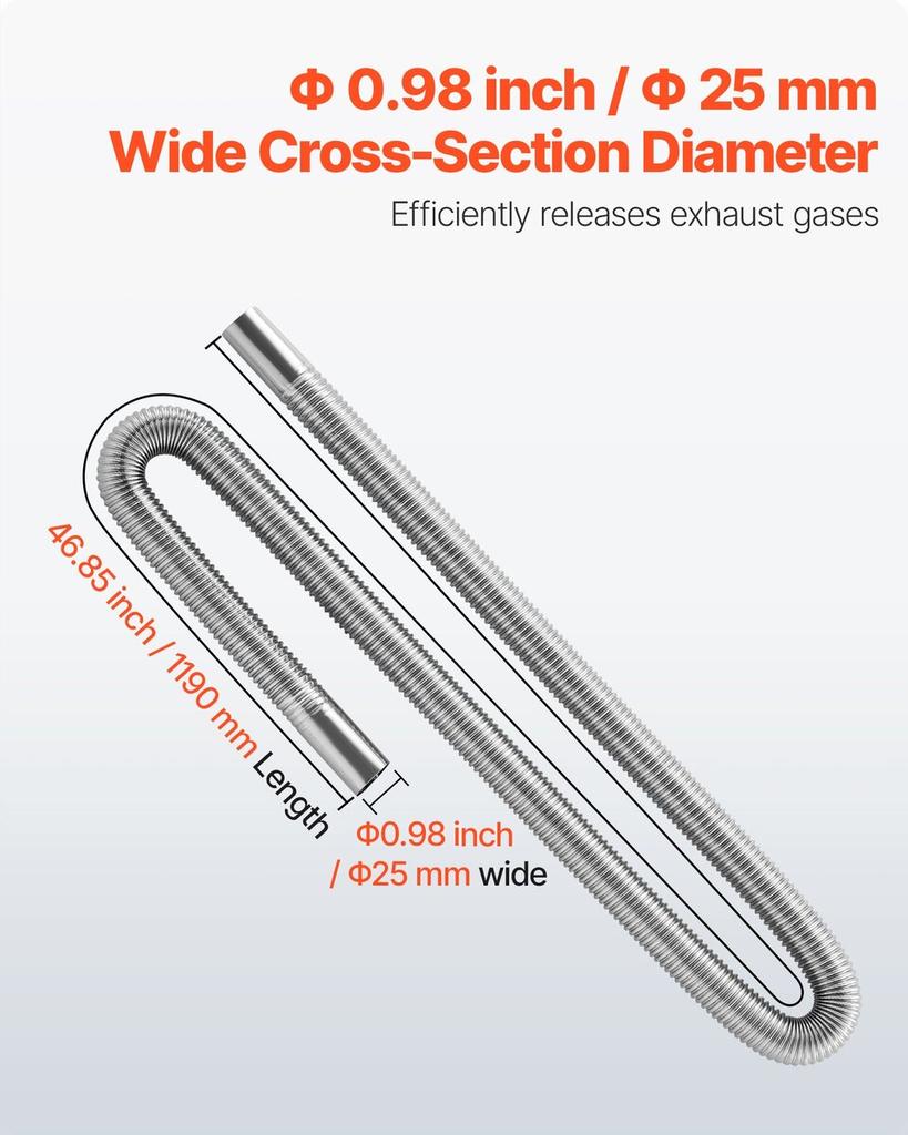 Exhaust Hose, 1200mm Diesel Heater Flexible Exhaust Pipe, Stainless Steel Exhausts Hose with 2 Hose Clamps, Exhausts Hoses Kit Diesel Heater