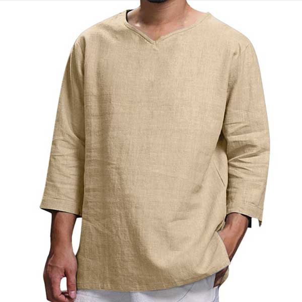 Men's Long Sleeve V-neck Cotton Linen Loose Shirt