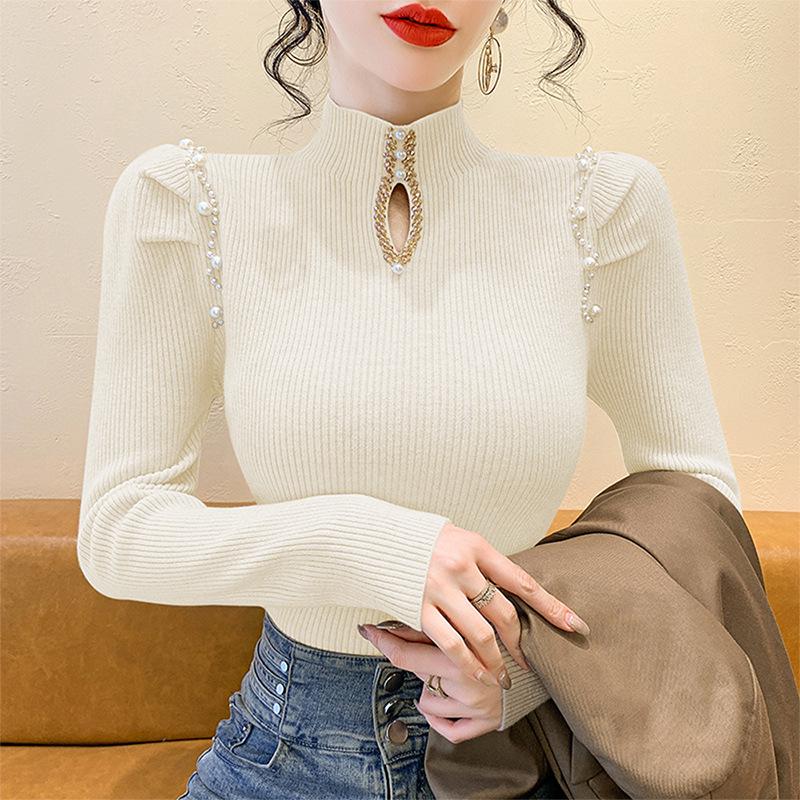 Chic Pearl-Embellished High-Neck Women's Sweater for Autumn 2025