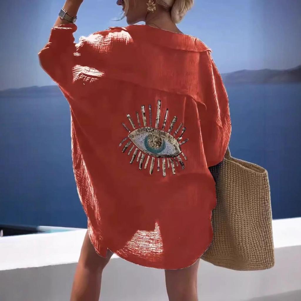 Европейская и американская трансграничная женская повседневная рубашка с длинным рукавом из хлопка и льна с отложным воротником