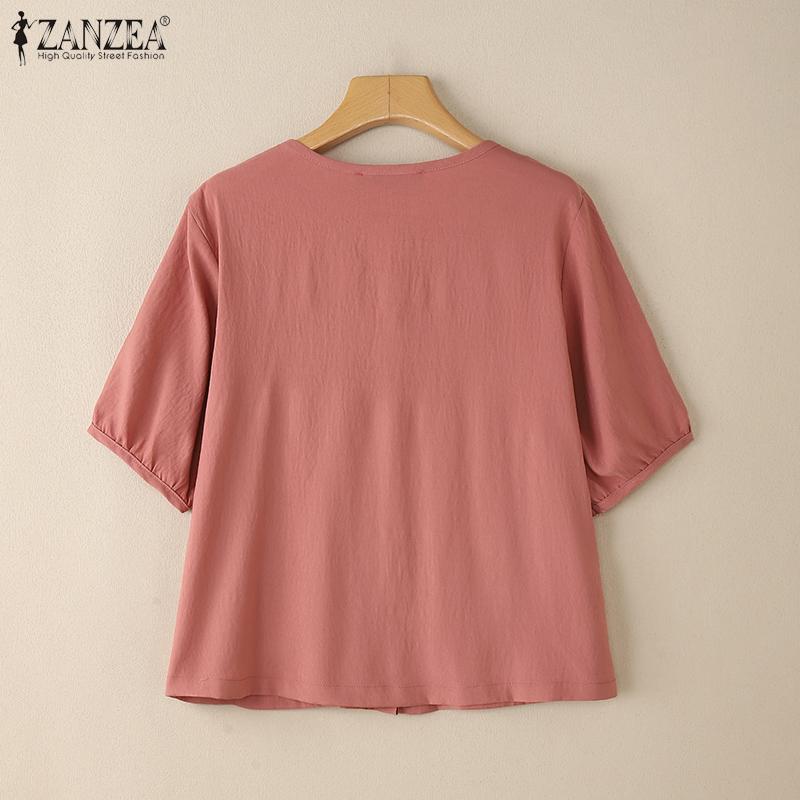 ZANZEA Женская повседневная блузка с круглым вырезом и коротким рукавом, с карманами в стиле пэчворк