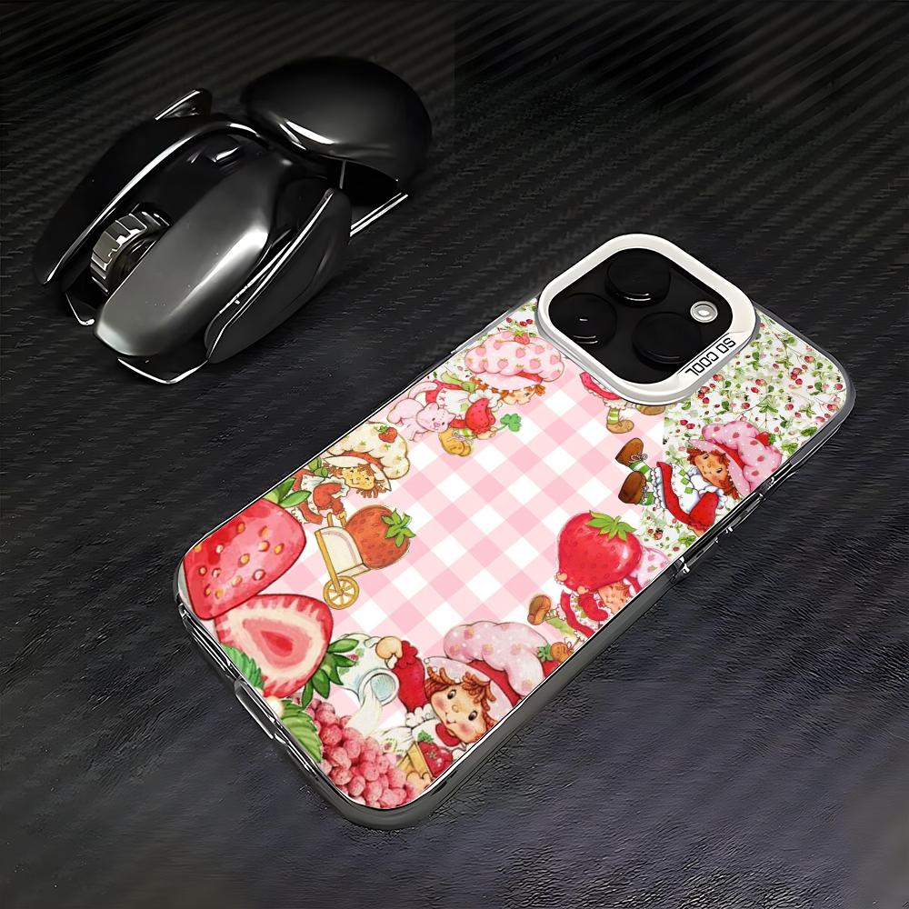 Розовая Клубничная Мультяшная S-Shortcake Чехол Для Телефона Для iPhone 16 15 14 13 12 11 Pro Max Белый Матовый Лазерный Металлик Аврора Funda