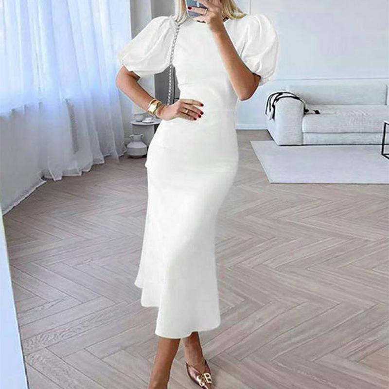 Весна Новое Женское Однотонное Платье с Круглым Вырезом, Высокой Талией, Облегающее, А-силуэта