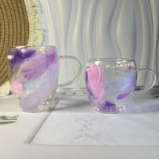 Двойная стеклянная кофейная кружка 250/350 мл с рисунком в виде перьев, с ручкой, с изоляцией, устойчивой к ожогам, с удобным захватом и контролем температуры