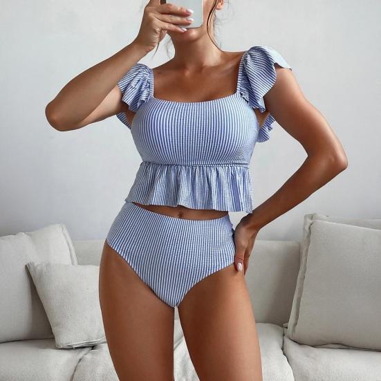 2 шт./комплект Женский купальник Комплект Квадратный вырез Воланы Короткий рукав Полосатый принт Топы Высокая талия Плавки Комплект купальных костюмов
