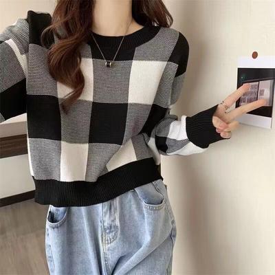 Осень-зима Винтажный трикотаж Укороченные топы Женские пуловеры Свитера Модные женские Длинные рукава Эластичные Повседневные клетчатые трикотажные рубашки