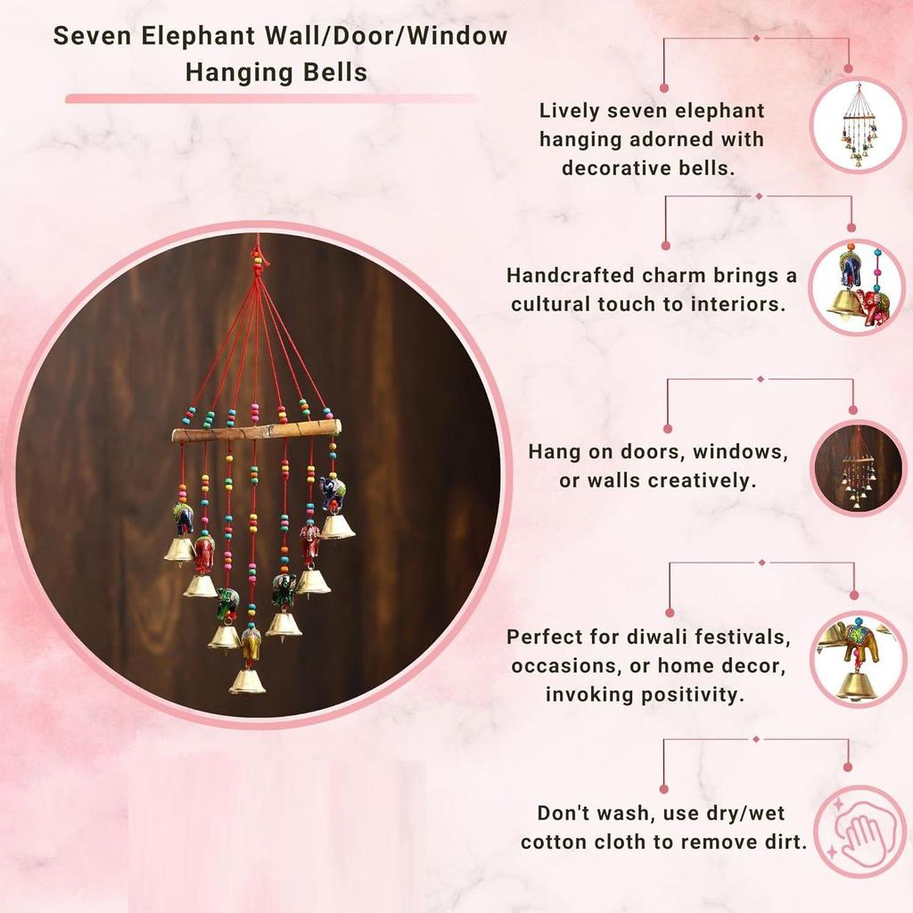 Multicolour Handcrafted Decorative Seven Elephant Hanging Bells Chimes Showpiece for Home Decor, Wall Decor, Pooja Room Temple, Diwali Gift