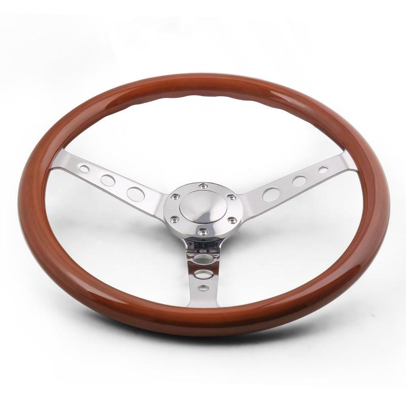 15 Inch Real Wood Steering Wheel 380mm Silver Brushed Spoke Chrome 6 Holes with Horn Button Wooden Grain Depth 55mm