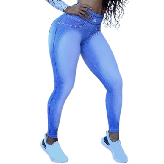 Yousheng High Waist Pockets Tummy Control Butt Lifting Fitness Leggings Gradient Color Push Up Imitation Jeans Skinny Women Yoga Pants Activewear