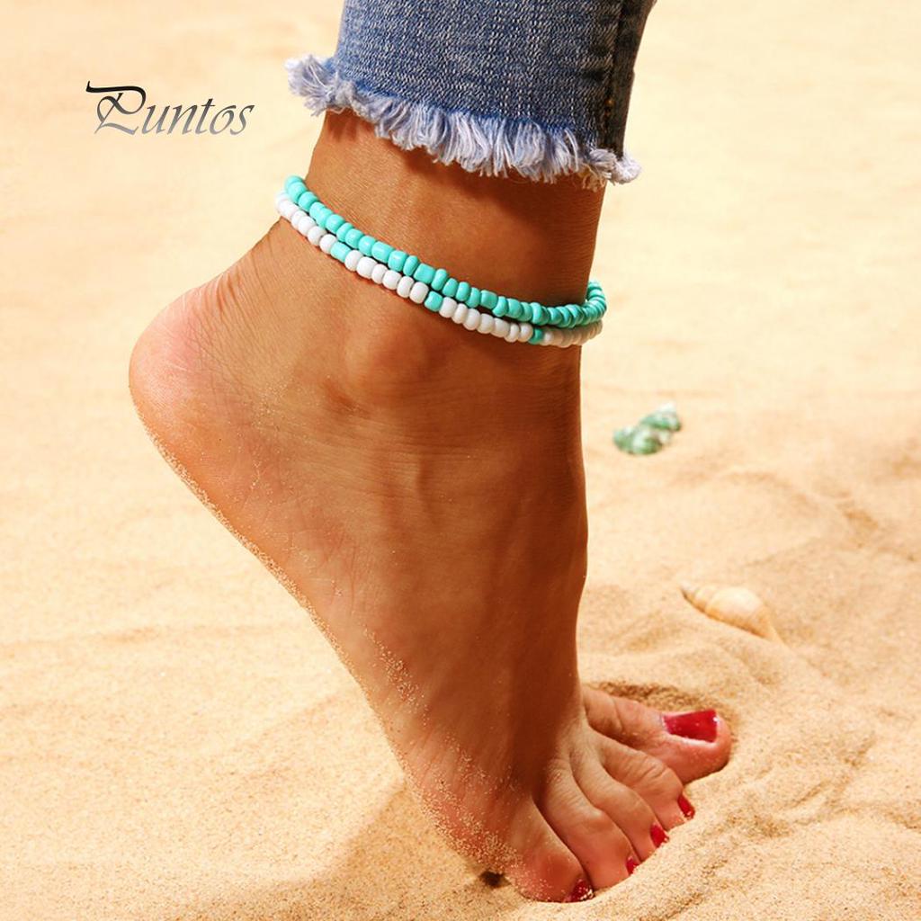 Lady Double Layers Beaded Barefoot Sandal Anklet Foot Chain Beach Ankle Bracelet