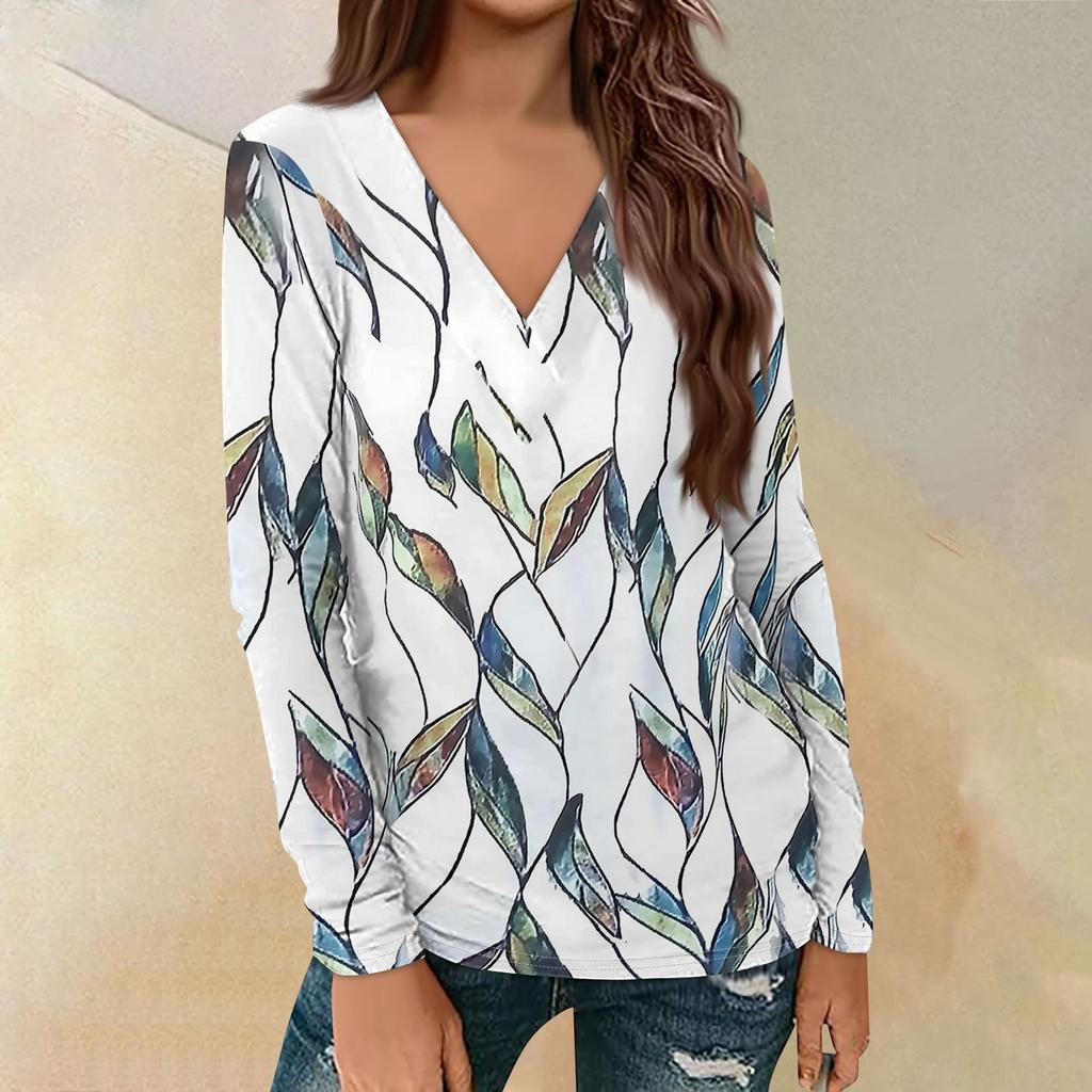 Women's Casual Printed Long Sleeve Loose V-Neck Pullover Top