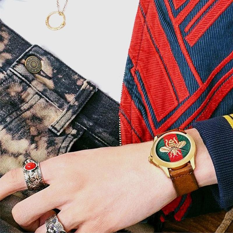 GUCCI watch quartz movement leather strap green dial same style for men and women 30 meters waterproof YA126451A