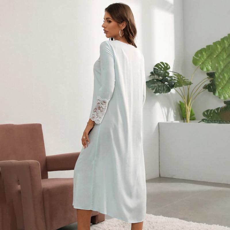 Женская новая кружевная однотонная пижама с длинными рукавами и V-образным вырезом, домашняя одежда, платья больших размеров с длинными рукавами