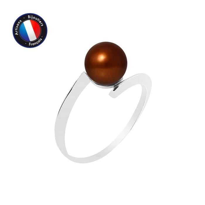 Bague - PERLINEA - Véritable Perle de Culture 7-8 mm - Chocolat - Or Blanc - Femme