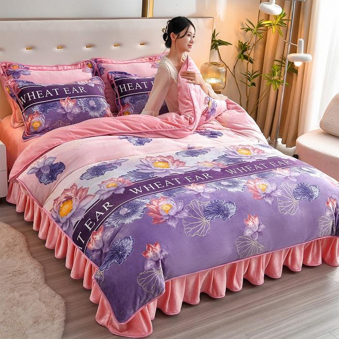 Утолщенный Молочный Флис Четырехпредметный Пододеяльник из Кораллового Флиса, Флисовая Простыня, Двустороннее Флисовое Фланелевое Постельное Белье, Юбка для Кровати