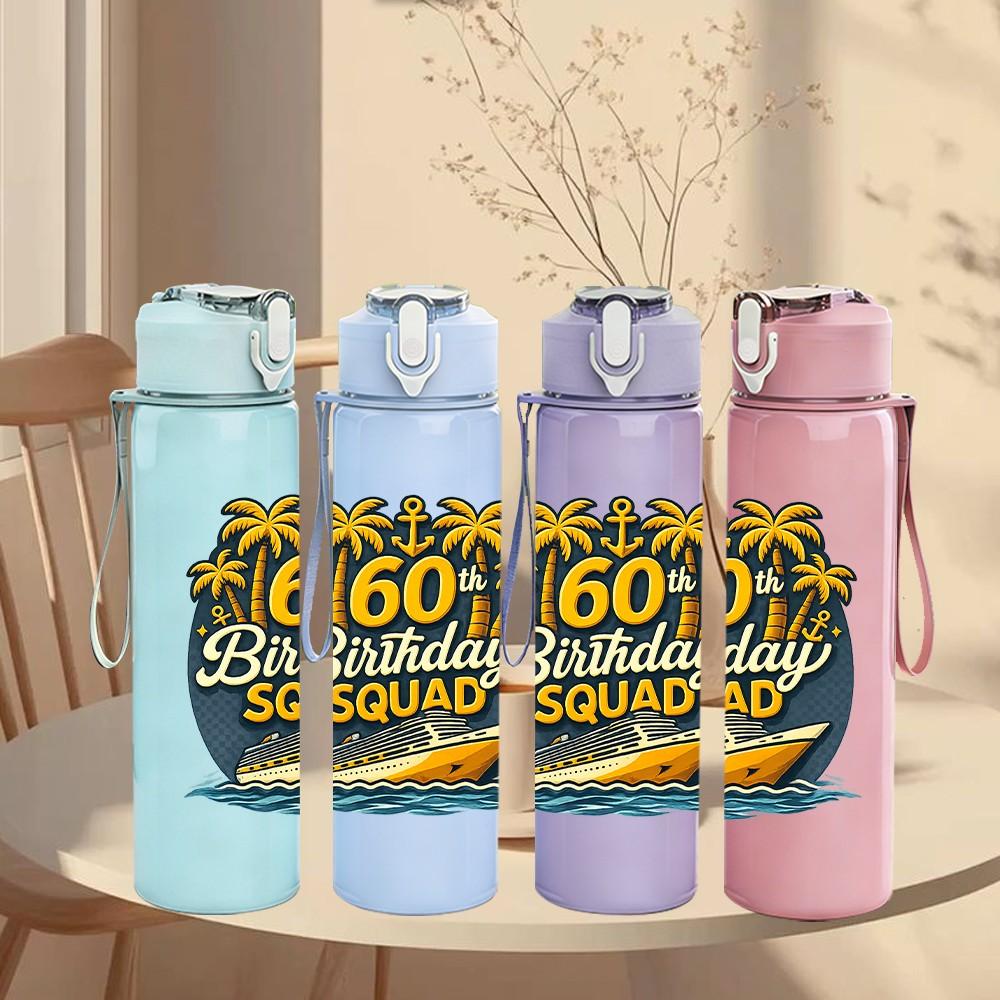 1PC 60th Birthday Anniversary Badge Print 750ml Color Plastic Sports Water Bottle Leakproof Flip Straw Lid Suitable for Sports Office Home Use