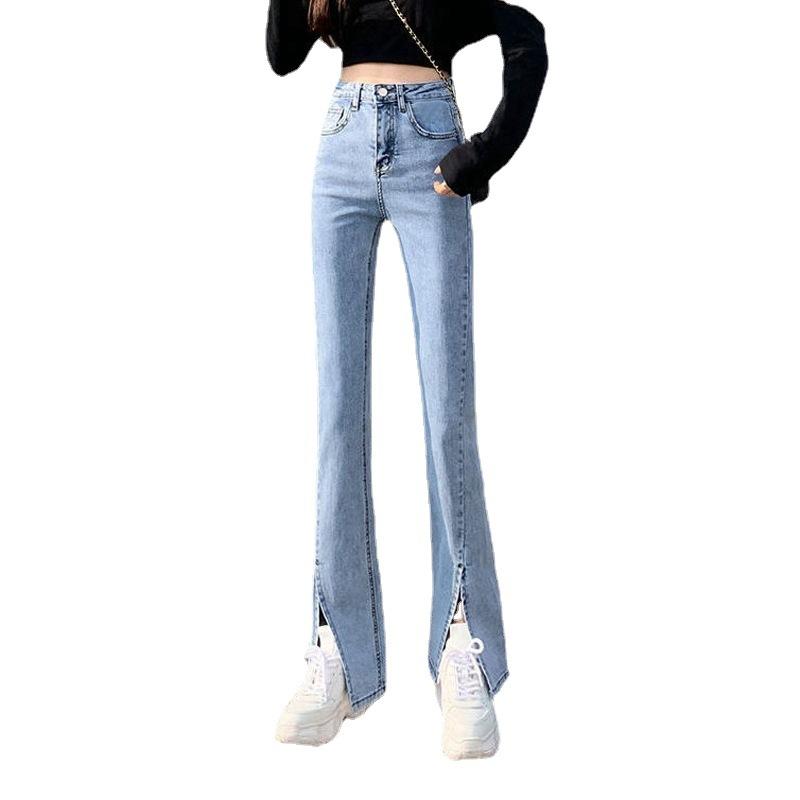 Весенне-летние эластичные джинсовые брюки с высокой талией, тонкие утягивающие прямые женские повседневные джинсовые брюки с разрезом, микро-прямые
